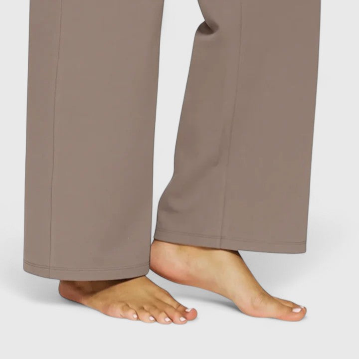 Vivienne women's pull-on wide waistband trousers in a versatile taupe, featuring a relaxed, polished fit.