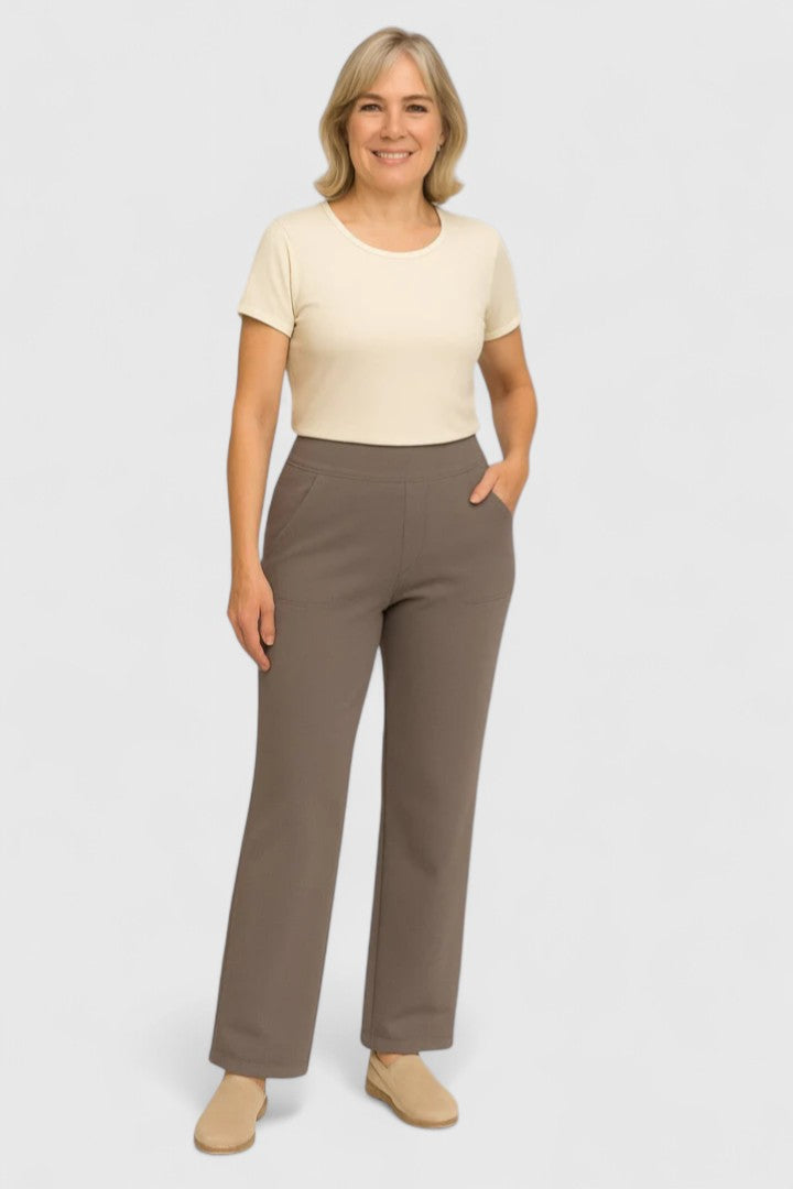 Vivienne women's pull-on wide waistband trousers in a rich taupe, featuring deep side pockets and a relaxed fit.