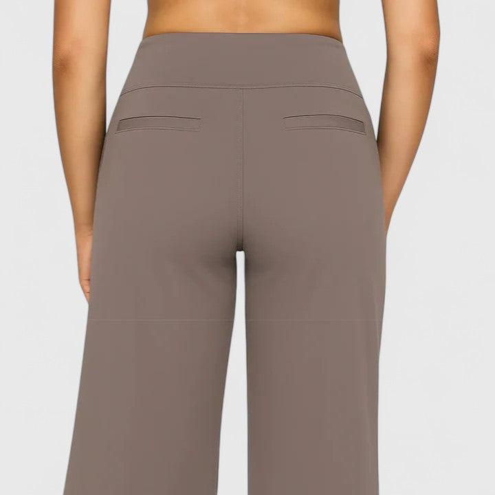 Vivienne women's pull-on wide waistband trousers in a chic taupe, featuring decorative back pockets.