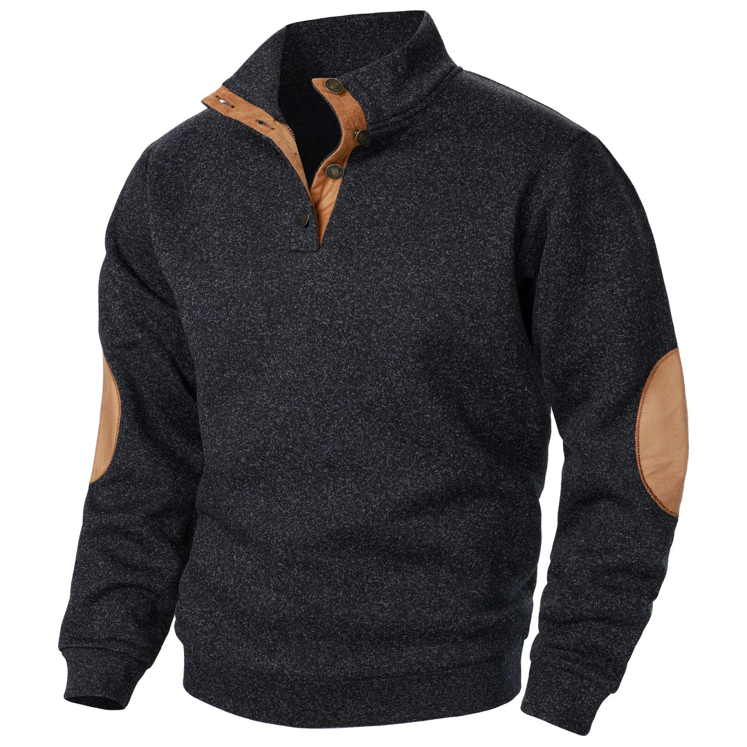 Charcoal marled knit men's quarter-button sweater with tan suede-style collar trim and elbow patches.