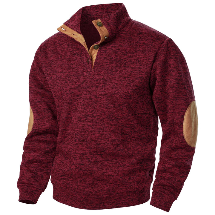 Maroon marled knit quarter-button sweater with tan suede-style collar trim and elbow patches.