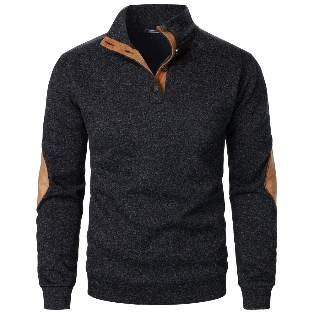 Charcoal marled knit men's quarter-button sweater with tan suede-style collar trim and elbow patches.