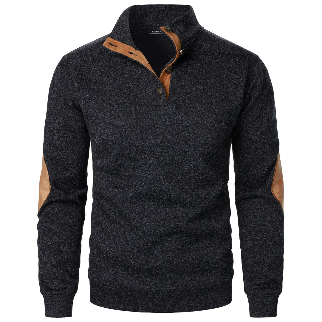 Charcoal marled knit men's quarter-button sweater with tan suede-style collar trim and elbow patches.