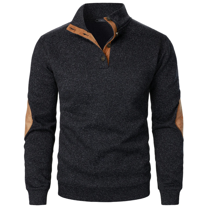 Charcoal marled knit men's quarter-button sweater with tan suede-style collar trim and elbow patches.