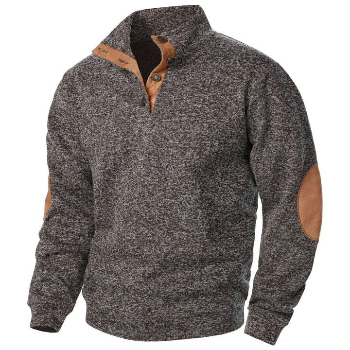 Brown marled knit quarter-button sweater with a stand-up collar and tan suede-style elbow patches and trim.