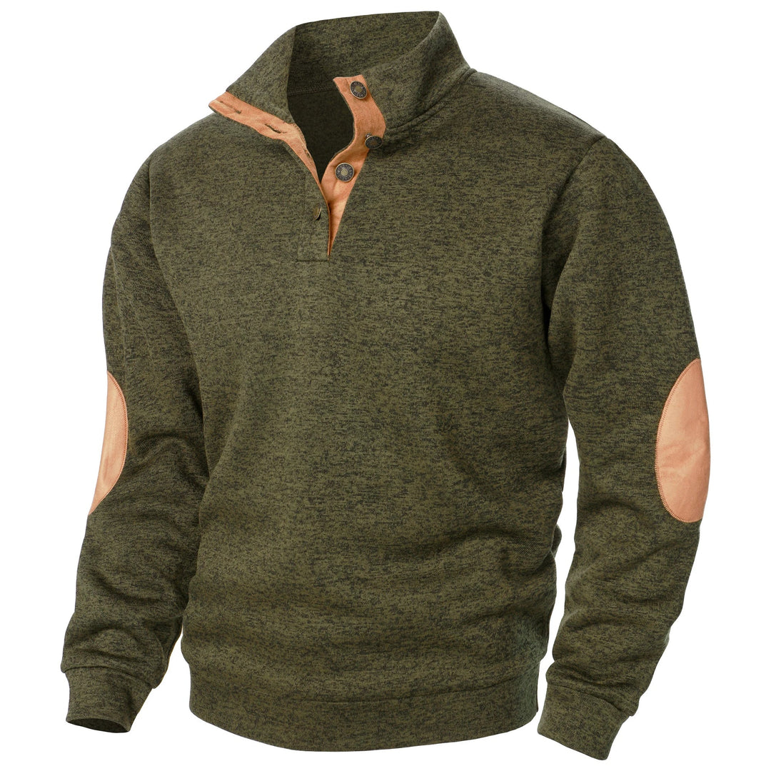 Olive green marled knit sweater with a quarter-button placket, stand-up collar, and tan suede elbow patches.