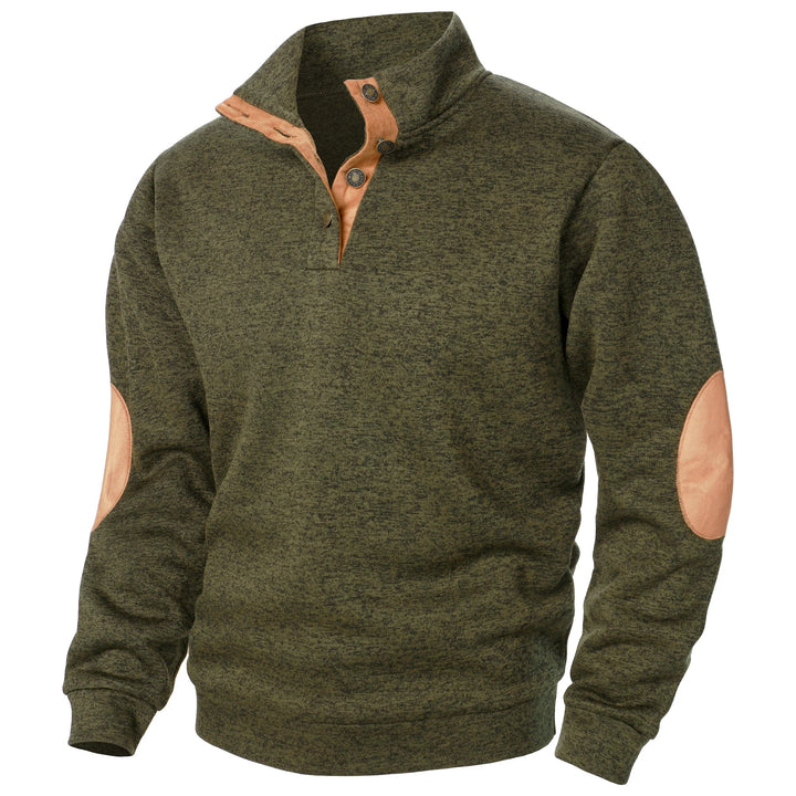 Olive green marled knit sweater with a quarter-button placket, stand-up collar, and tan suede elbow patches.
