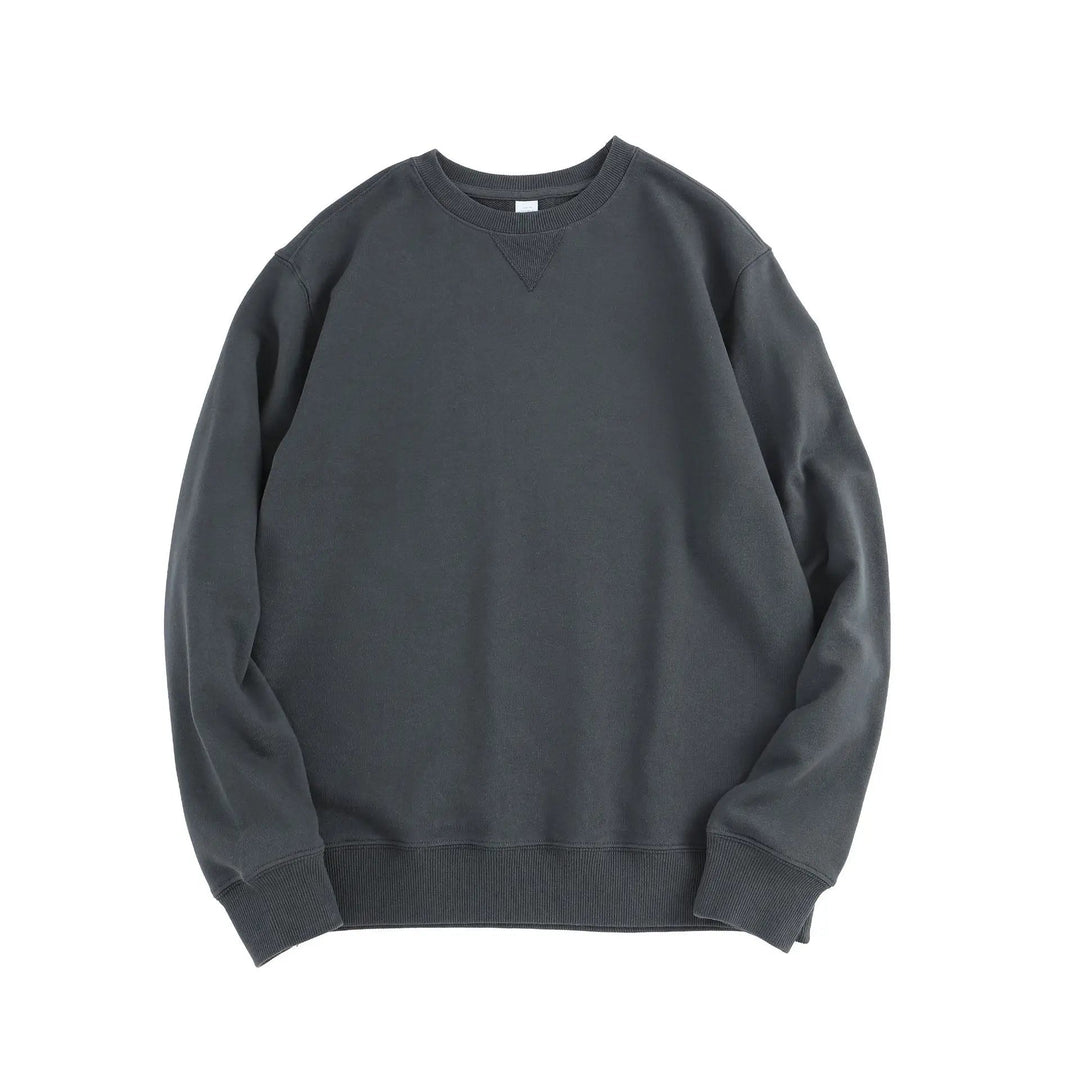 Charcoal grey men's crew neck sweatshirt in soft cotton with ribbed cuffs, hem, and a signature V-stitch detail at the collar.