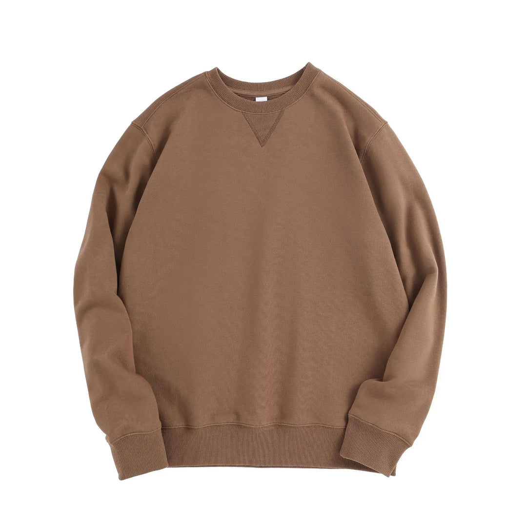 Brown cotton-blend crew neck sweatshirt with ribbed cuffs, hem, and a signature V-stitch detail at the collar.