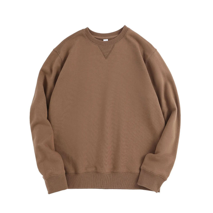 Brown cotton-blend crew neck sweatshirt with ribbed cuffs, hem, and a signature V-stitch detail at the collar.