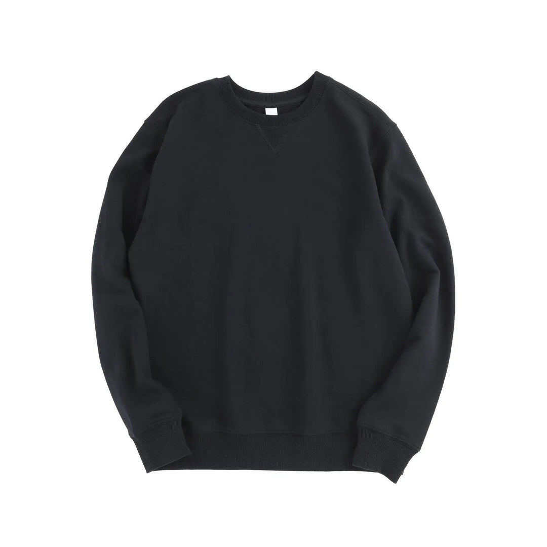 Black cotton-blend crew neck sweatshirt with ribbed cuffs, hem, and a signature V-stitch detail at the collar.