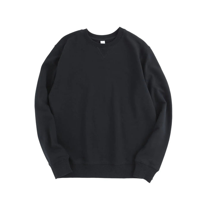 Black cotton-blend crew neck sweatshirt with ribbed cuffs, hem, and a signature V-stitch detail at the collar.