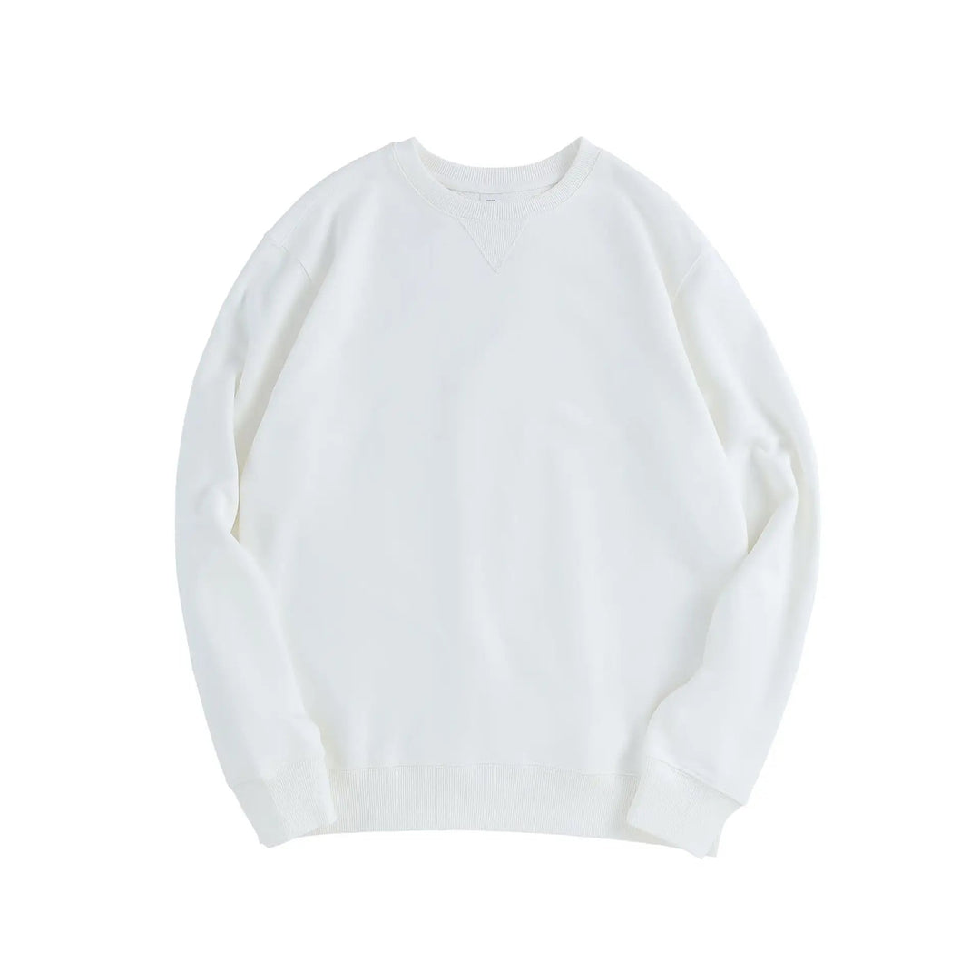 White men's crew neck cotton sweatshirt with ribbed trim and a signature V-stitch detail at the collar.