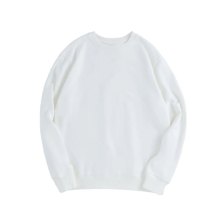 White men's crew neck cotton sweatshirt with ribbed trim and a signature V-stitch detail at the collar.