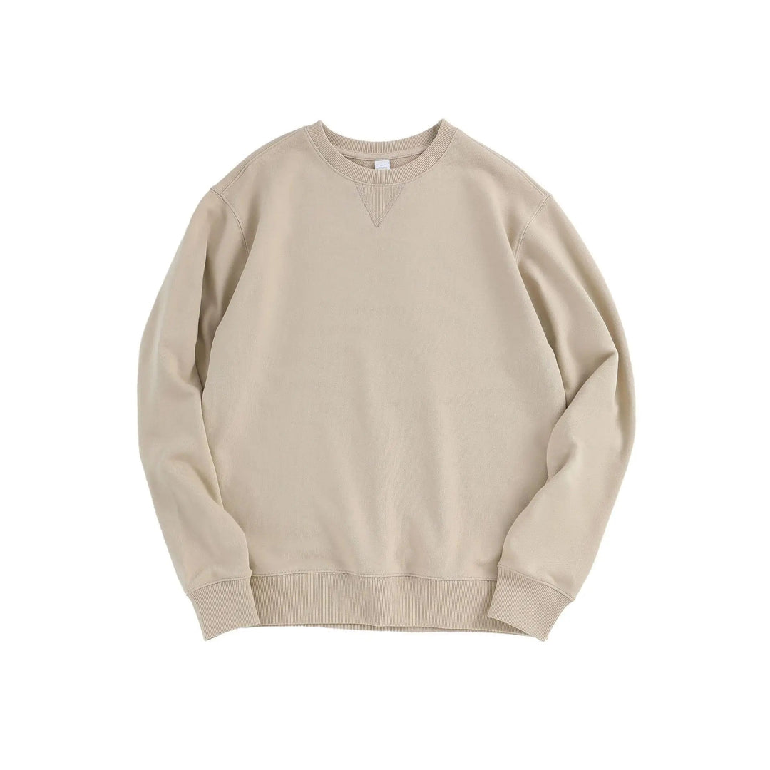 Beige men's crew neck sweatshirt in soft cotton-blend with ribbed cuffs, hem, and signature V-stitch detail.