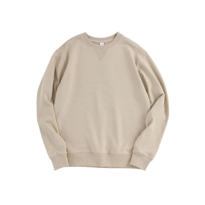 Beige men's crew neck sweatshirt in soft cotton-blend with ribbed cuffs, hem, and signature V-stitch detail.