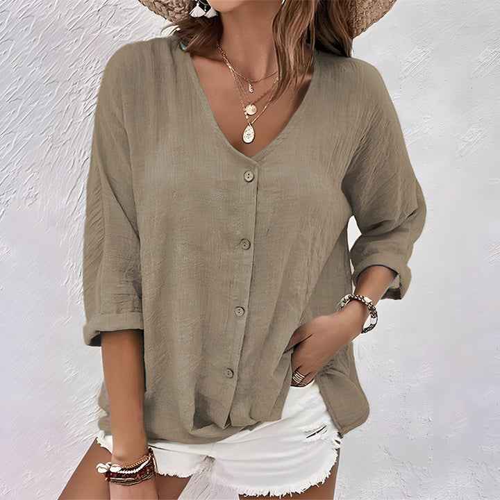 Taupe linen-look V-neck blouse with a button-front design and relaxed three-quarter roll-up sleeves.