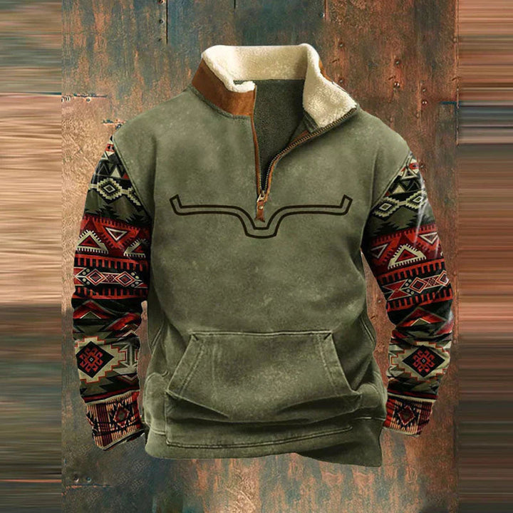 Olive green quarter-zip jumper with Aztec-print sleeves, sherpa-lined collar, longhorn chest motif, and kangaroo pocket.