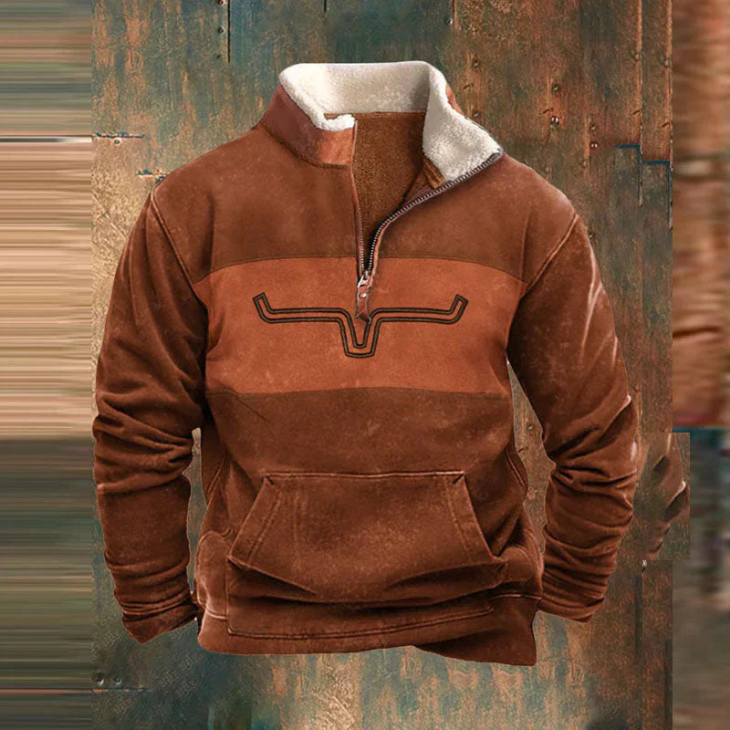 Brown Western quarter-zip jumper with a sherpa-lined collar, longhorn chest motif, and front kangaroo pocket.