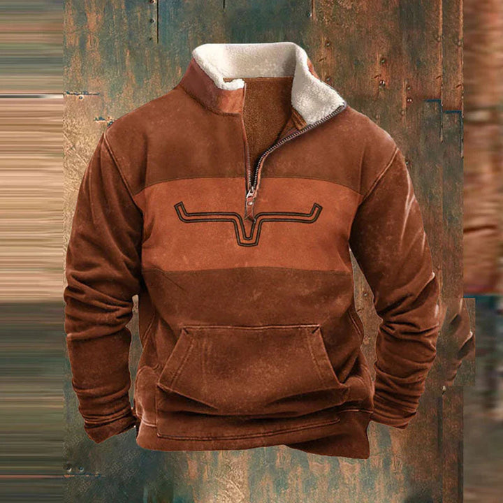 Brown Western quarter-zip jumper with a sherpa-lined collar, longhorn chest motif, and front kangaroo pocket.