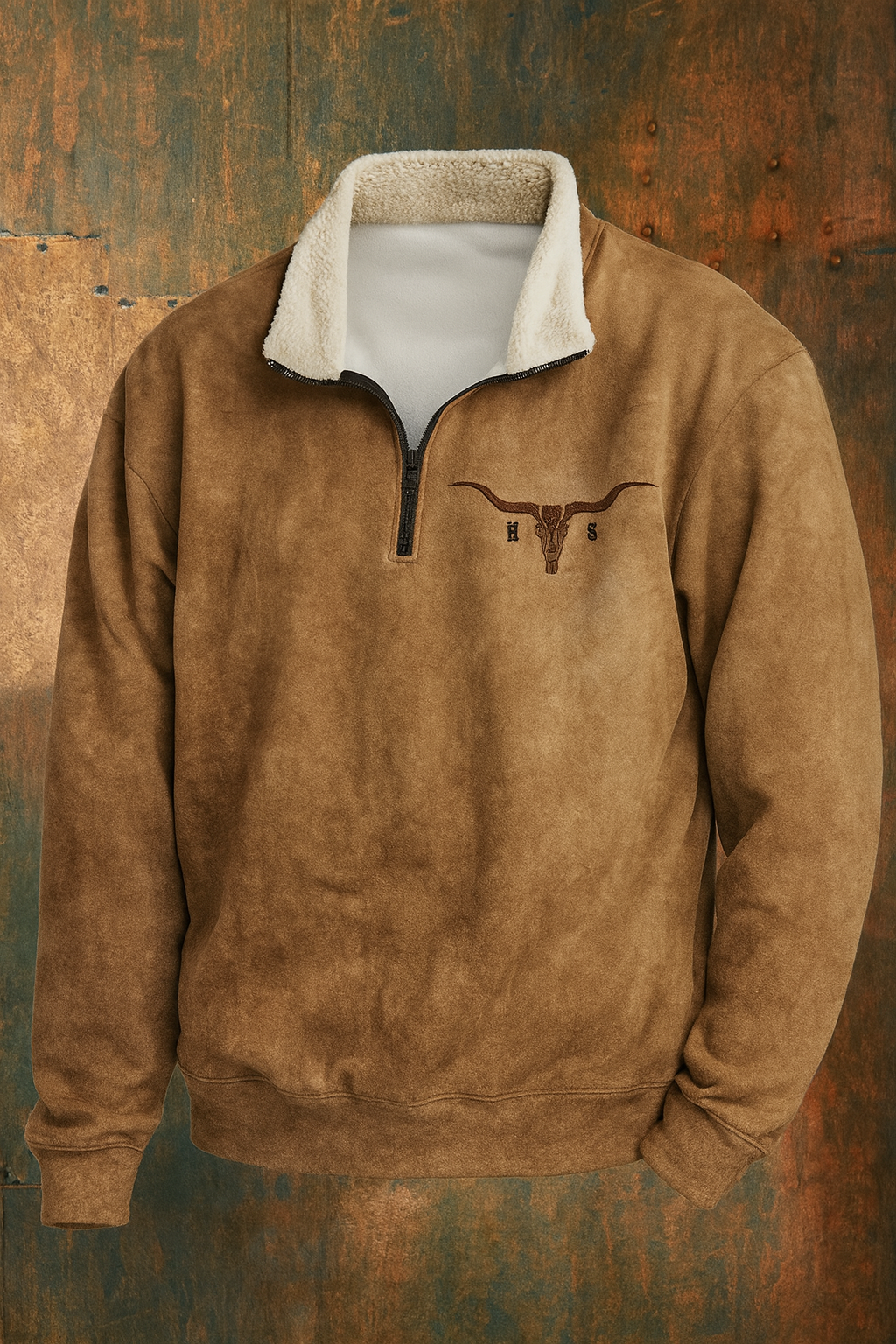 Tan suede-look quarter-zip jumper with a cream sherpa-lined collar and embroidered longhorn motif on the chest.